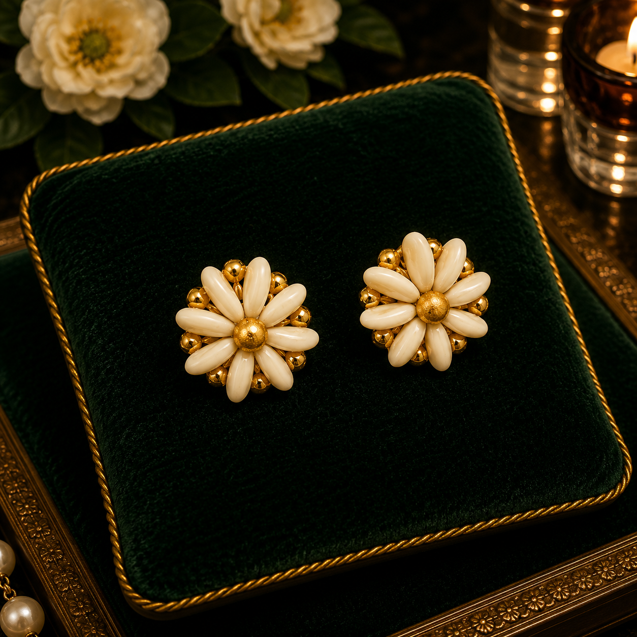 Vintage Gold Tone White Daisy Clip Earrings | Dimensional Floral Button Earrings