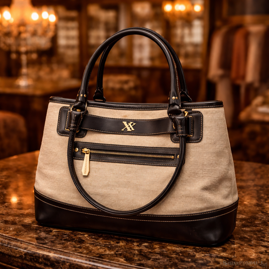 Maxx New York Canvas and Patent Trim Satchel Tote Bag Neutral Designer Shoulder Handbag