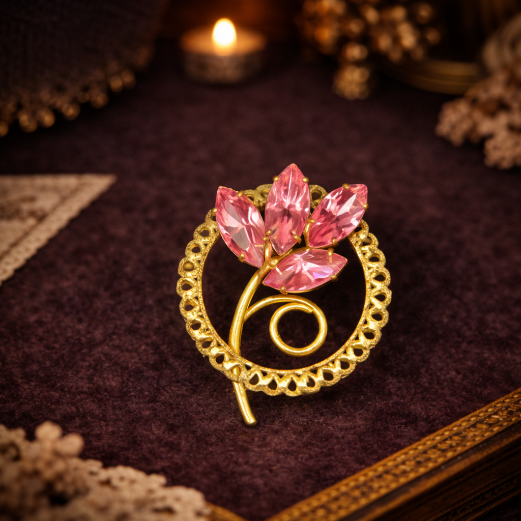 Gold Tone Filigree Wreath Brooch Pink Marquise Crystal Flower Swirl Stem Pin