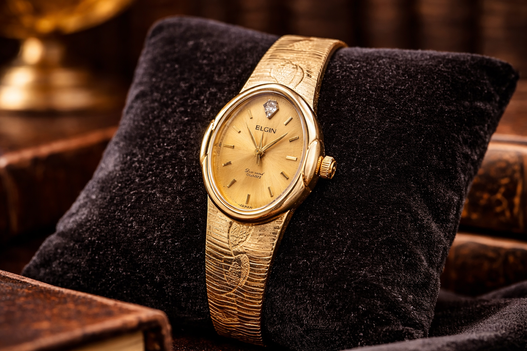 Vintage Elgin Gold Tone Diamond Accent Watch – Textured Bracelet Oval Dial For Repair