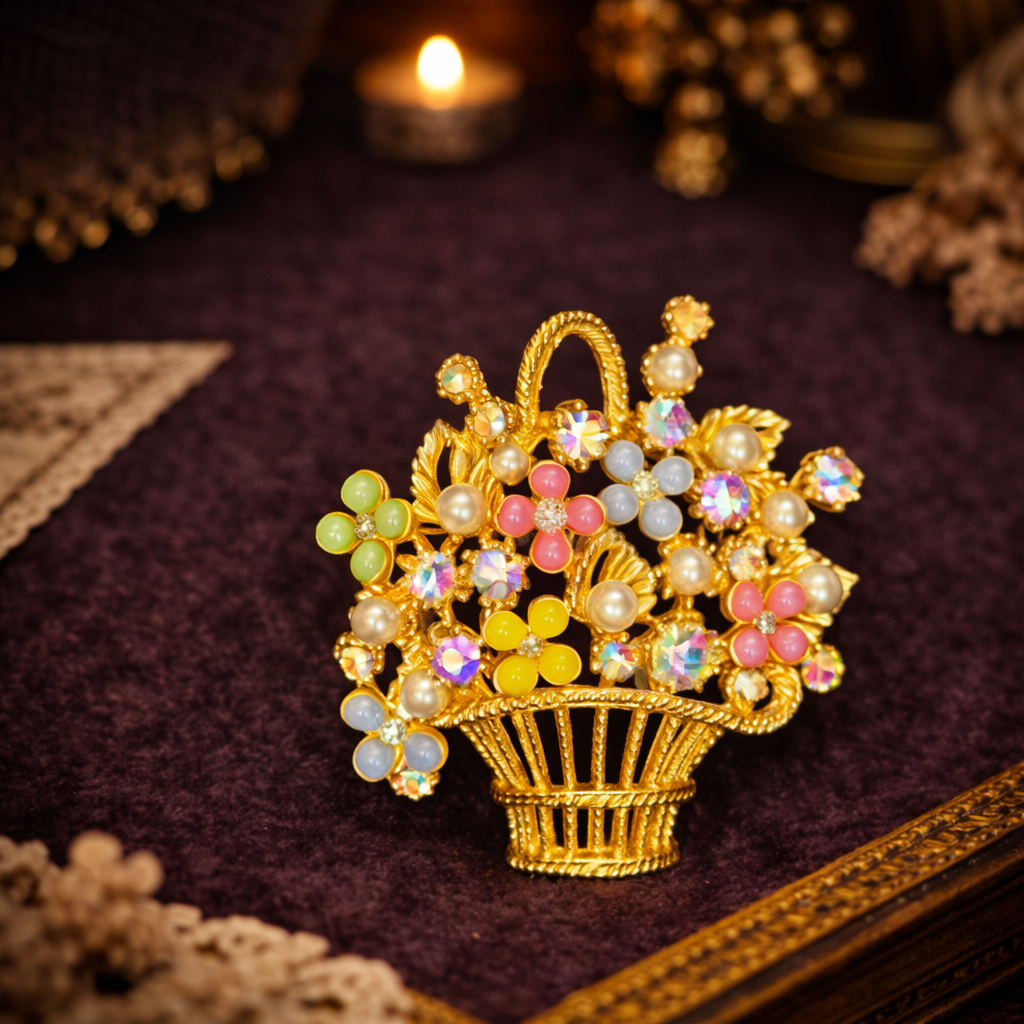 Art Gold Tone Pastel Rhinestone Flower Basket Brooch Signed Floral Pin