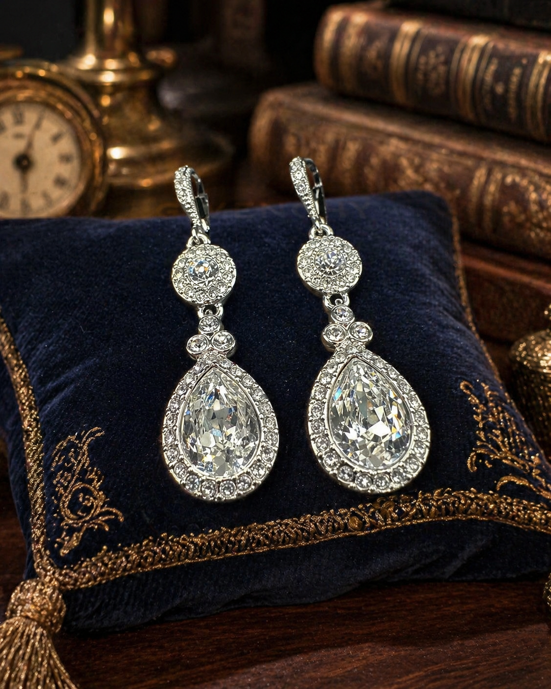 Givenchy Silver Tone Crystal Teardrop Drop Earrings | Clear Rhinestone Statement Earrings