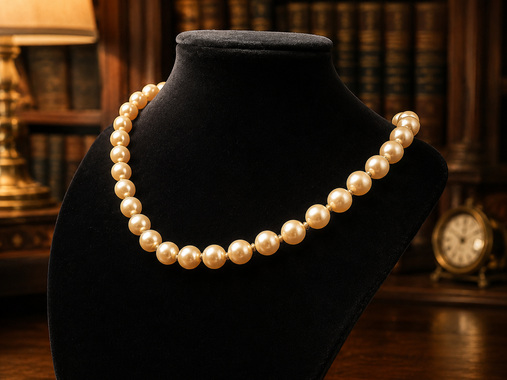 Gold Tone Cream Pearl Style Necklace with Decorative Clasp