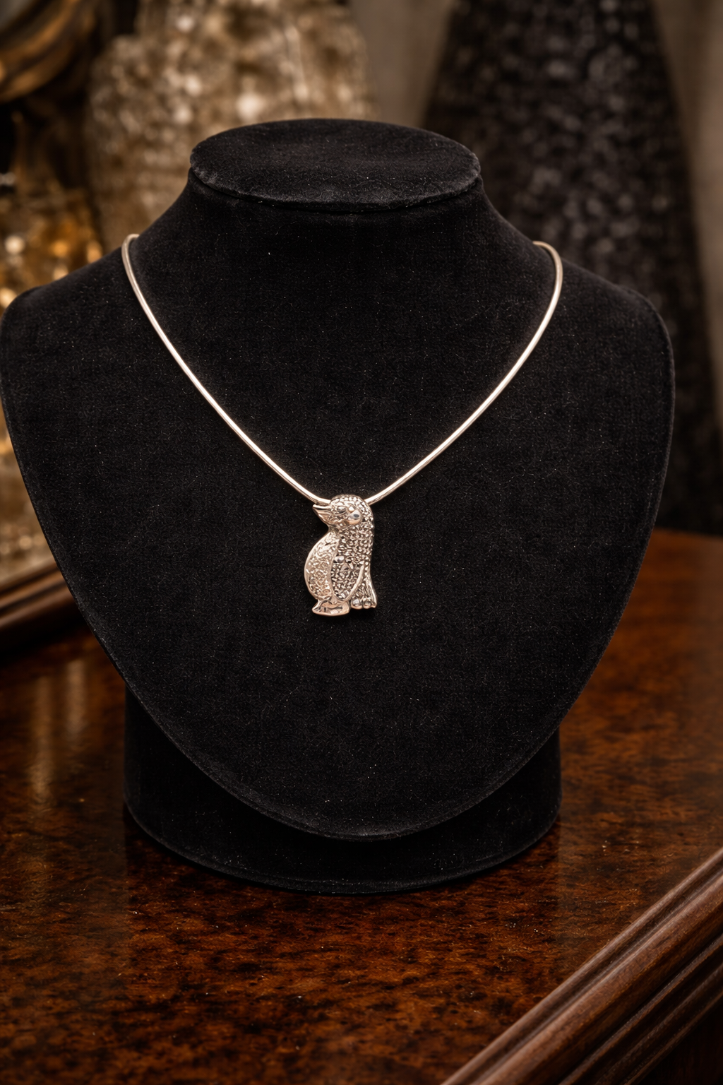 Sterling Silver Penguin Pendant Necklace 925 Marcasite Style Animal Necklace Vintage Inspired
