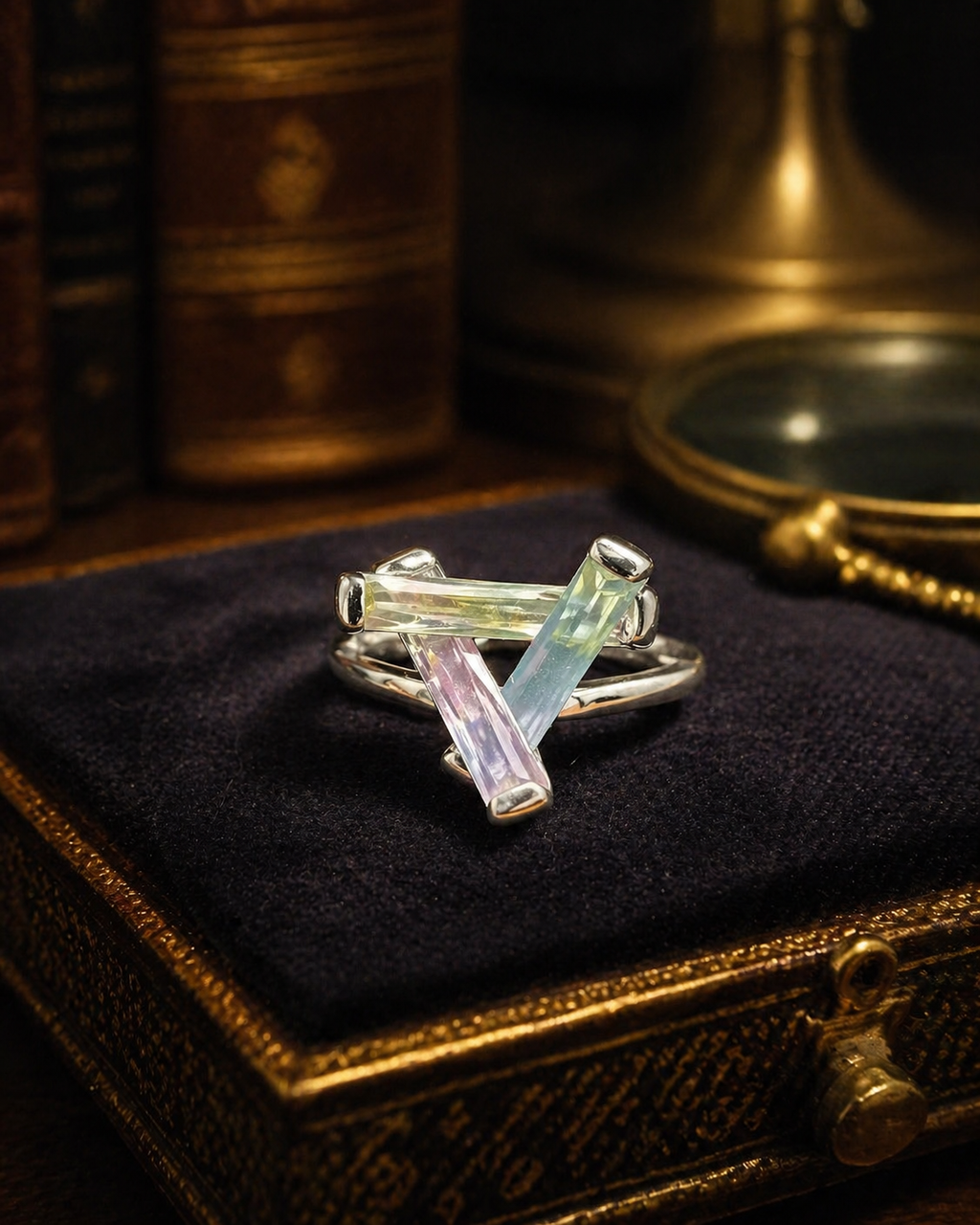 Silver Tone Pastel Baguette Crystal Ring