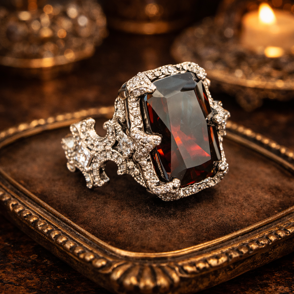 Ornate Vintage Gothic Red Crystal Statement Ring