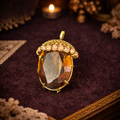 Gold Tone Acorn Brooch Amber Crystal Body Rhinestone Cap Signed