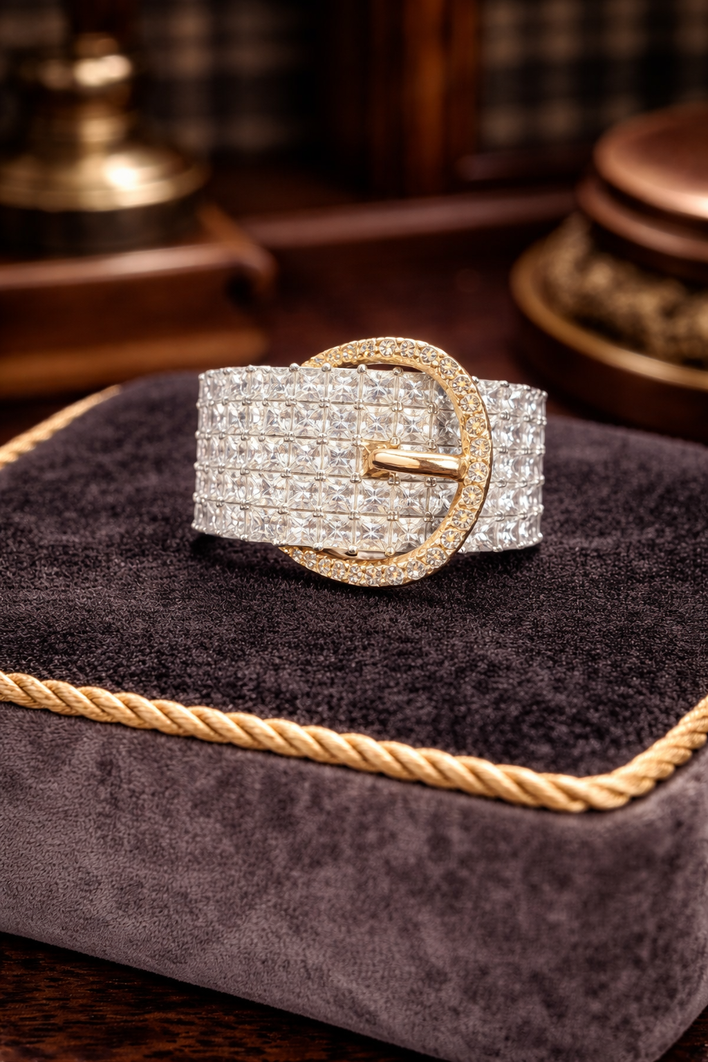 Two Tone Clear Crystal Buckle Ring Wide Band Statement Design