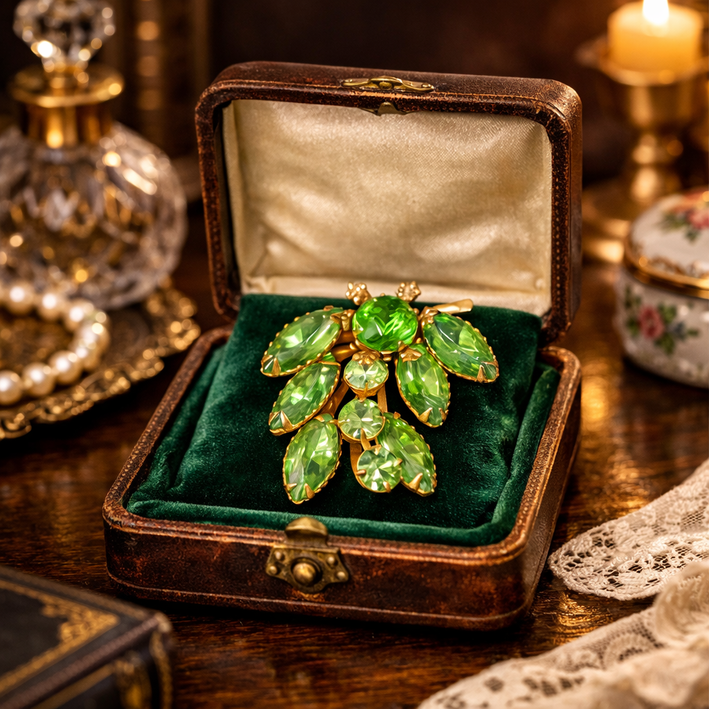 Vintage Gold Tone Uranium Glass Dragonfly Brooch UV Reactive Green Marquise Rhinestone Pin