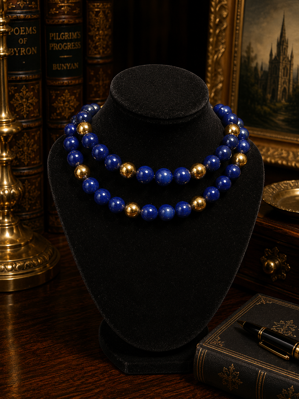 Lapis Blue and Gold Tone Bead Double Strand Necklace