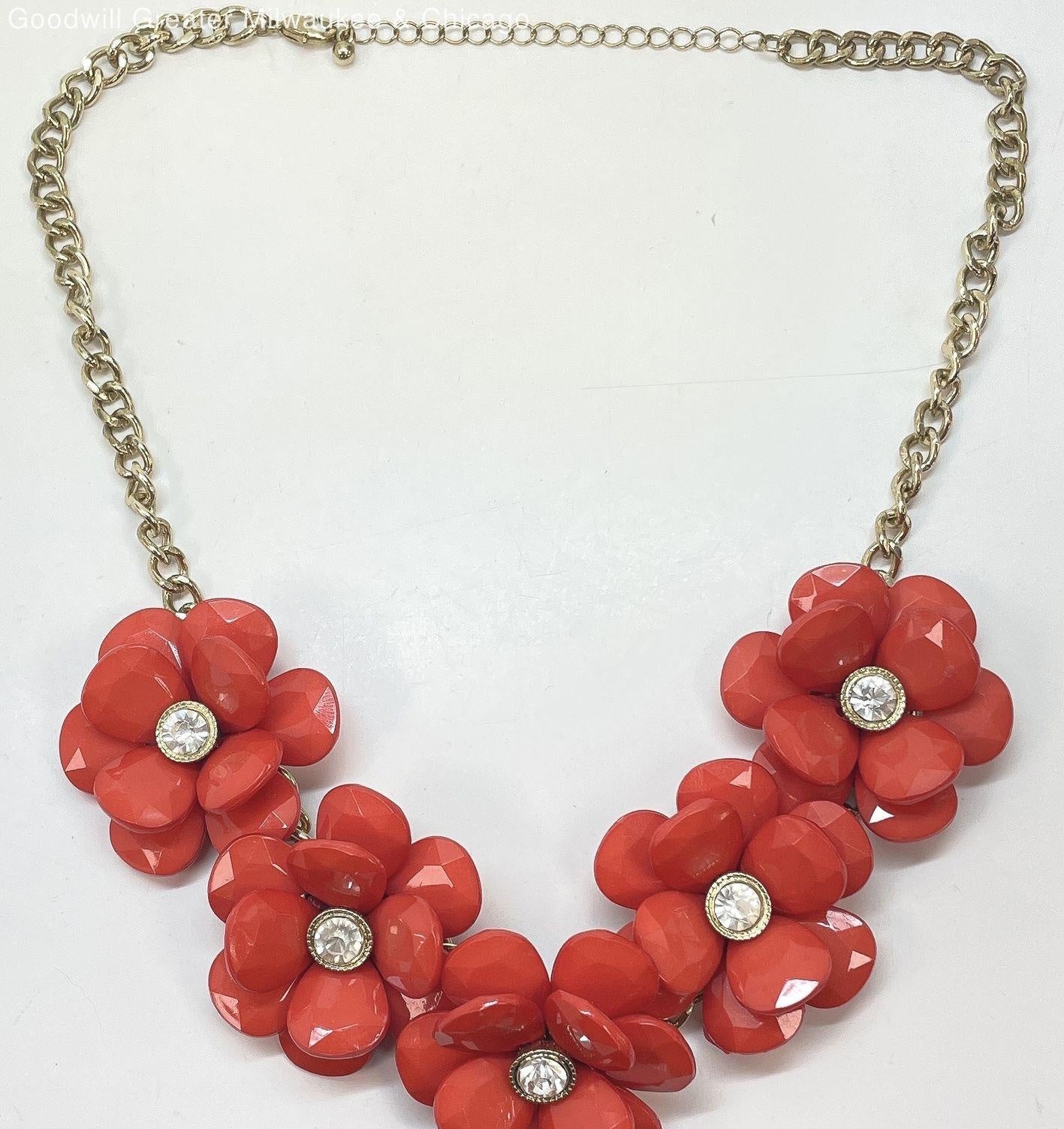Gold Tone Dark Coral Flower Statement Necklace 84.0g