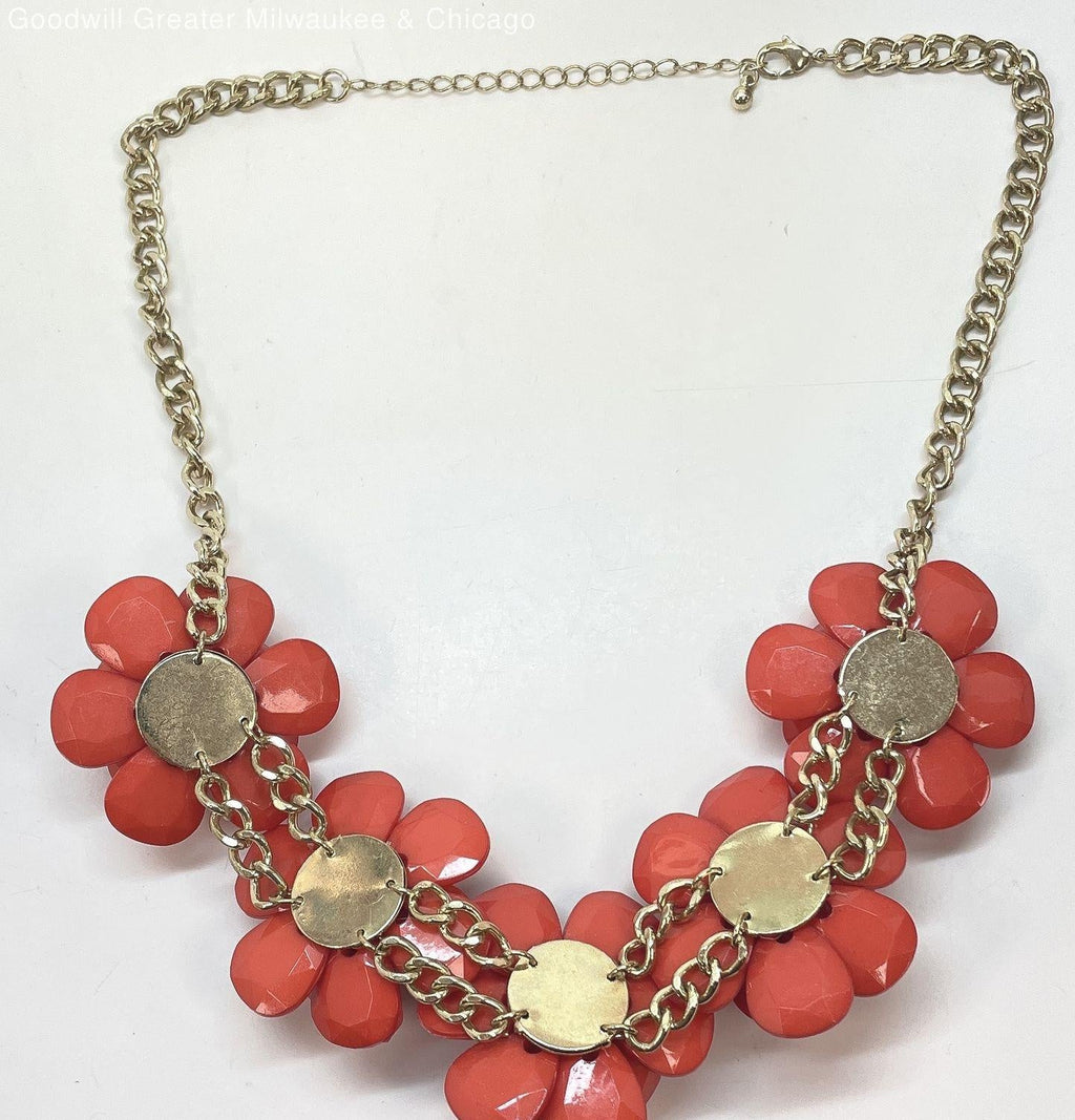 Gold Tone Dark Coral Flower Statement Necklace 84.0g
