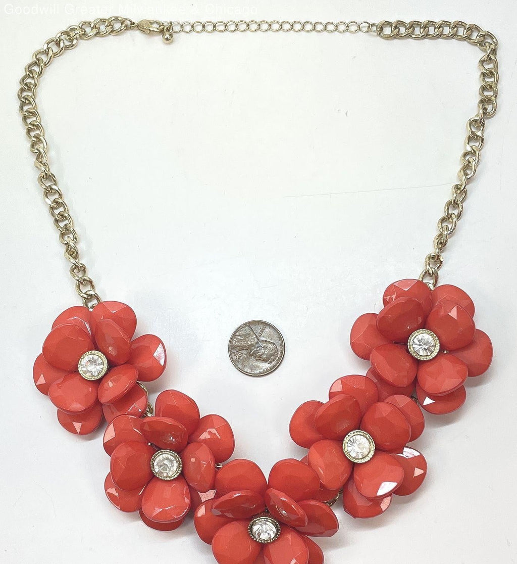 Gold Tone Dark Coral Flower Statement Necklace 84.0g