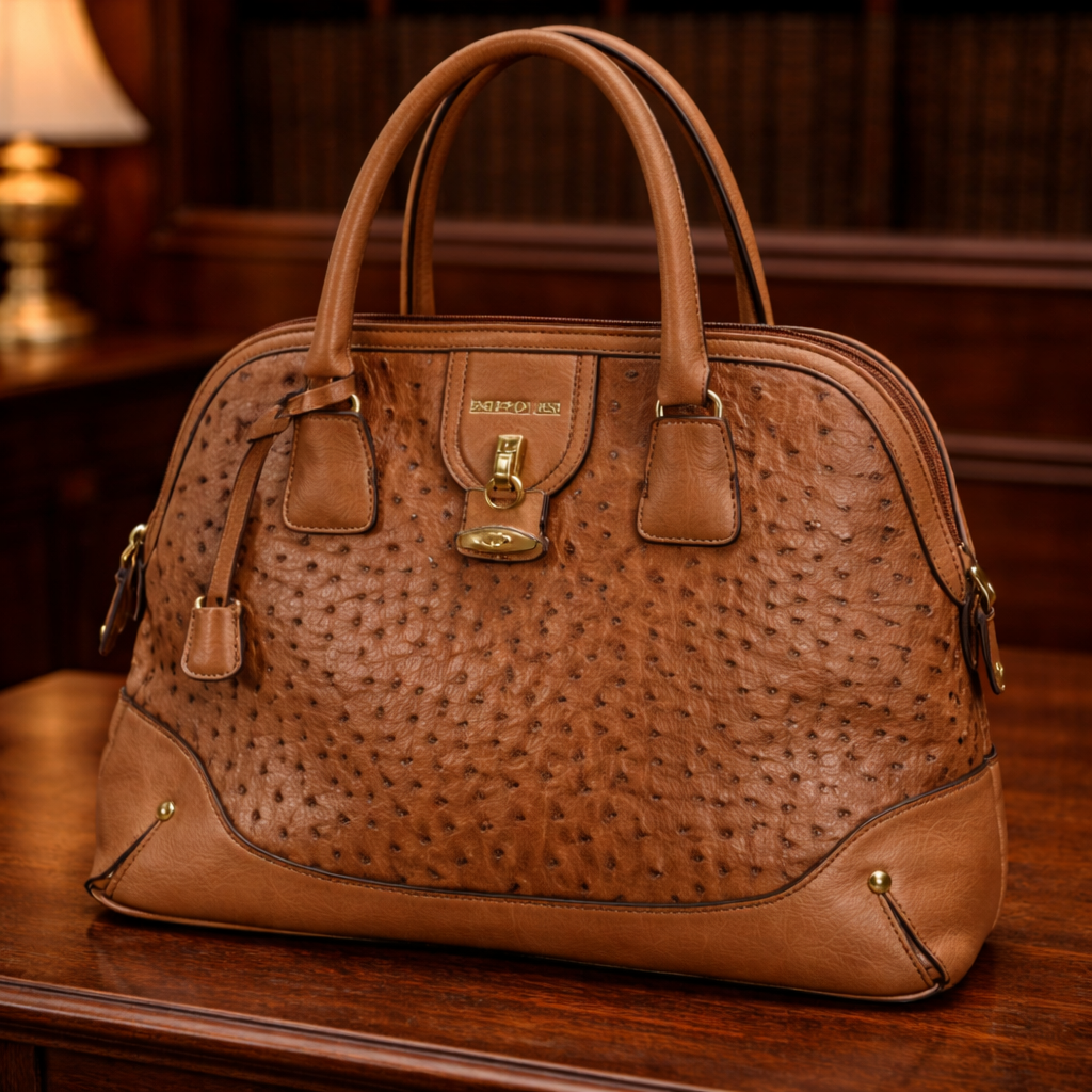 (SOLD) London Fog Brown Ostrich Embossed Dome Satchel Bag Structured Zip Top Shoulder Purse
