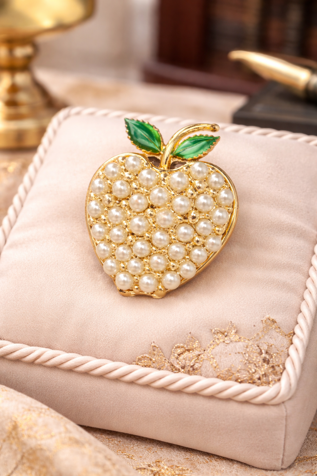 Vintage Faux Pearl Apple Brooch Gold Tone Cluster Fruit Pin Enamel Leaves Classic Elegant Jewelry
