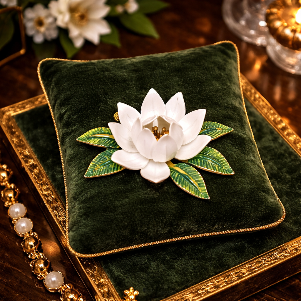 Vintage Crown Trifari White Enamel Lotus Flower Brooch | Gold Tone Floral Designer Pin