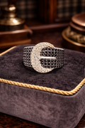 Silver Tone Black Crystal Buckle Ring Wide Band Statement Design