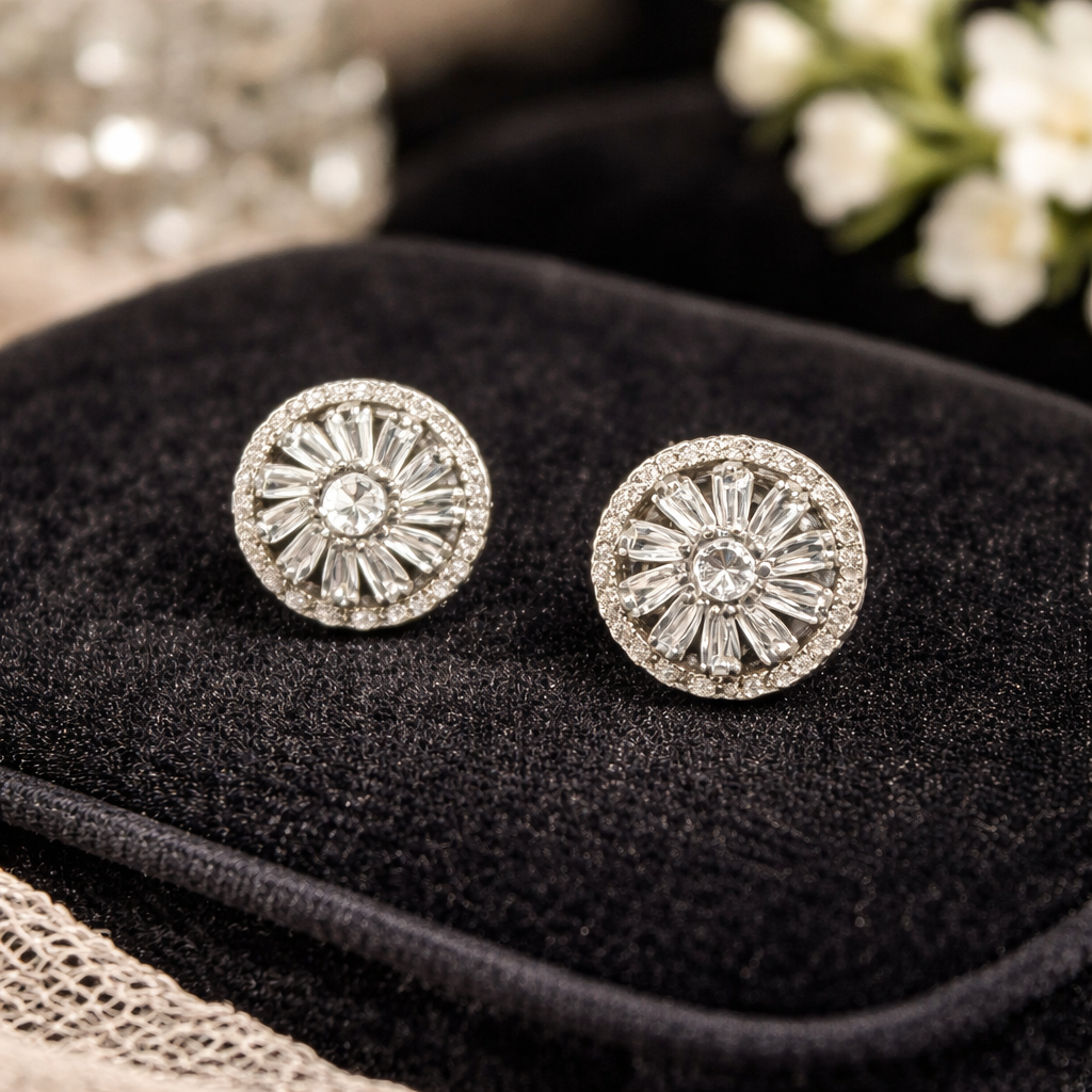 Silver Tone Crystal Starburst Stud Earrings Round Sparkle Sunburst Bridal Gift