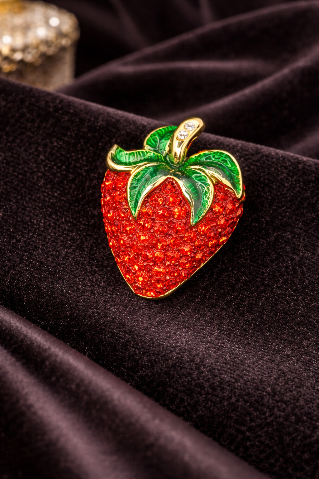 Vintage Strawberry Brooch Red Rhinestone Pave Enamel Leaves Gold Tone Fruit Pin Whimsical Statement