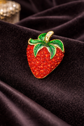 Vintage Strawberry Brooch Red Rhinestone Pave Enamel Leaves Gold Tone Fruit Pin Whimsical Statement