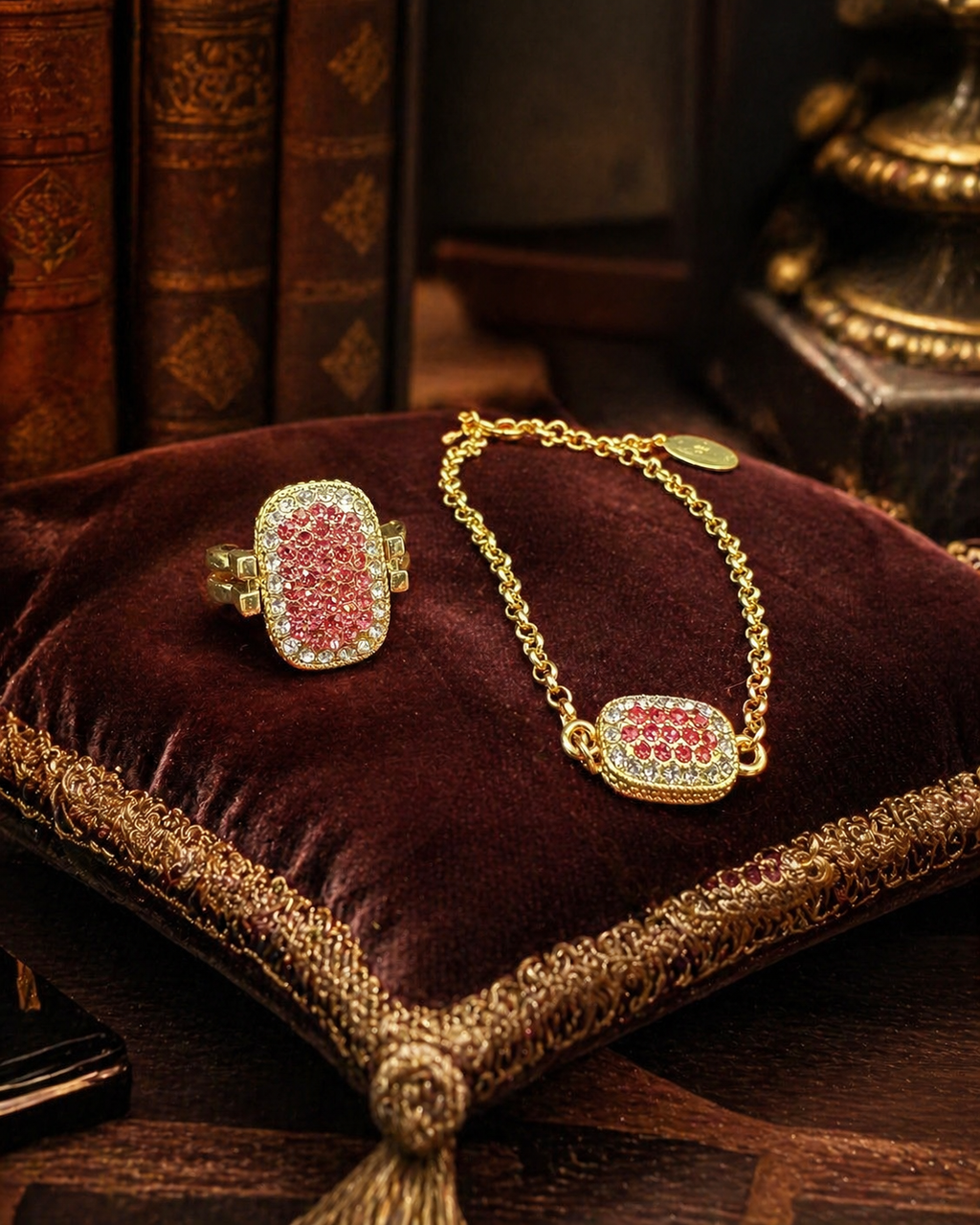 Heidi Daus Reversible Crystal Ring & Bracelet Set Red Pink Pave Statement Designer Jewelry