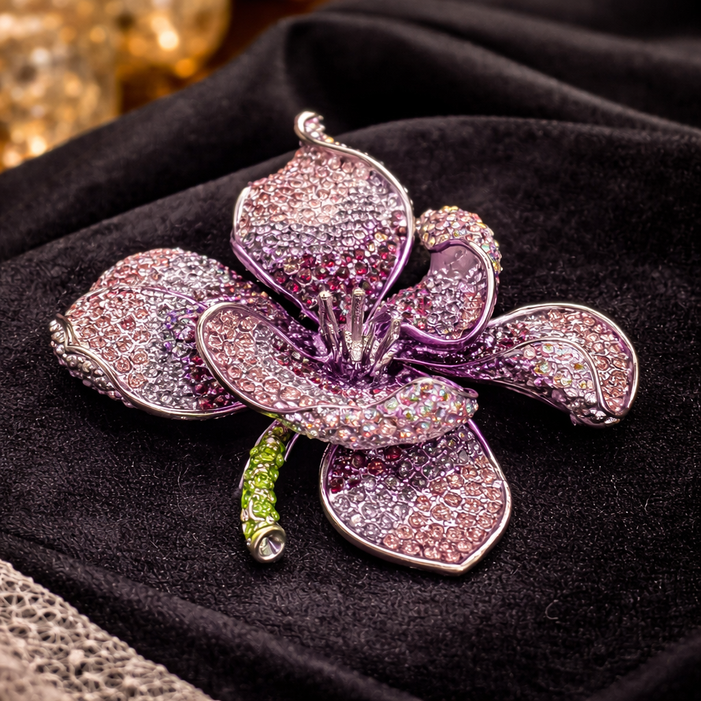 (SOLD) Large Purple Crystal Flower Brooch Rhinestone Floral Statement Pin AB Sparkle Vintage Style
