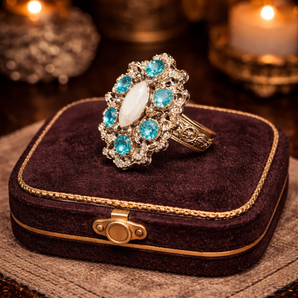 Vintage Style Turquoise Blue Crystal Cluster Ring Adjustable Cocktail Statement Ring with Oval White Center Stone Silver Tone Filigree