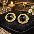 Swarovski Black Crystal Clip Earrings Gold Tone Rhinestone Halo Dome Vintage Statement