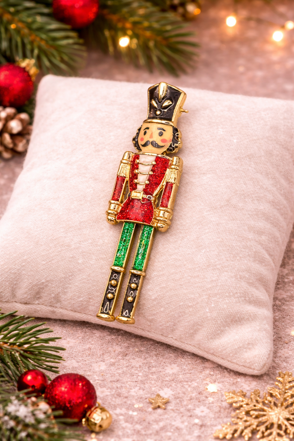 Vintage Articulated Nutcracker Brooch Enamel Christmas Soldier Pin