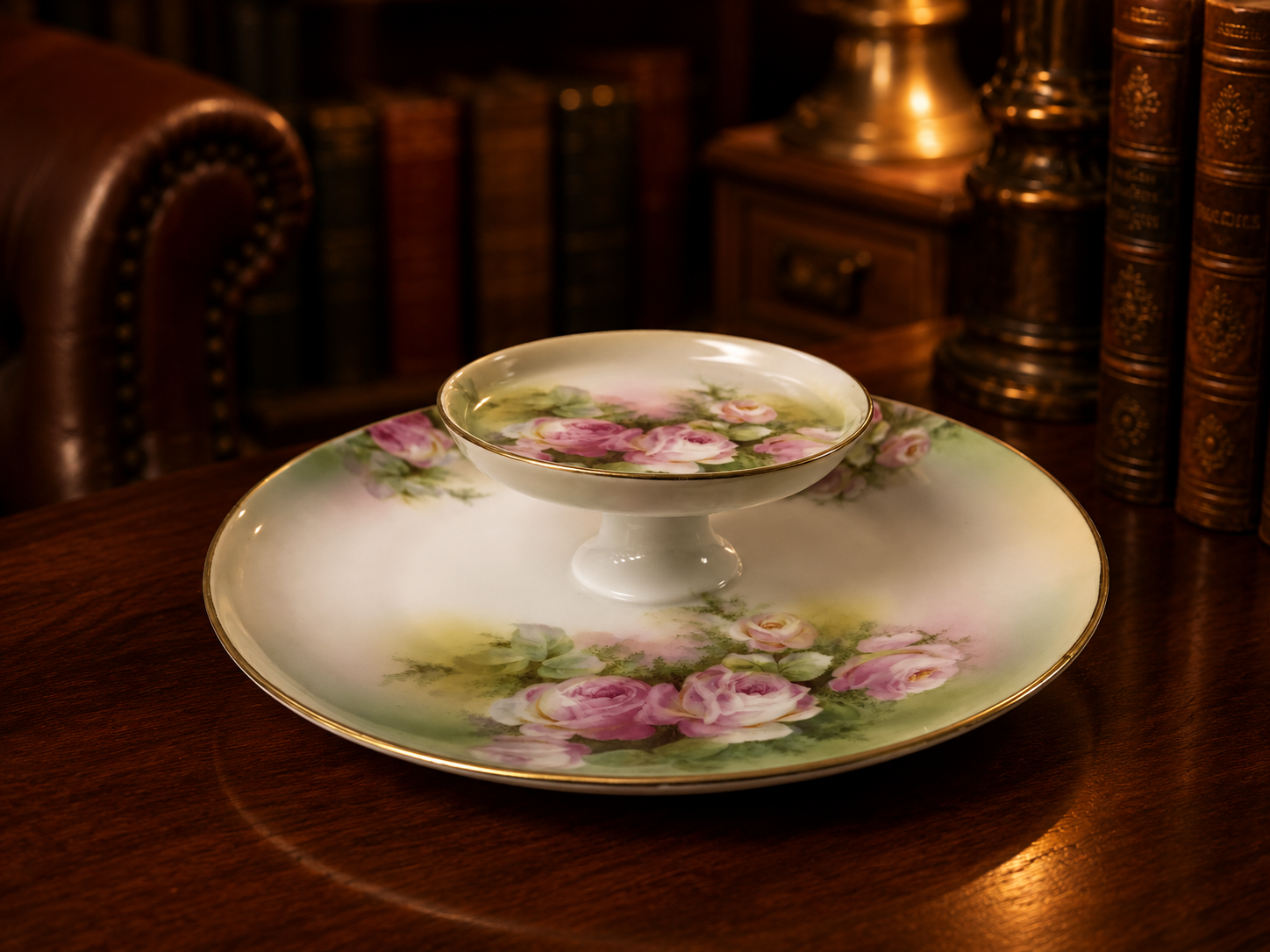 Schwarzburg Germany Pink Rose Covered Butter Dish with Green Band | Hand-Painted Floral Porcelain