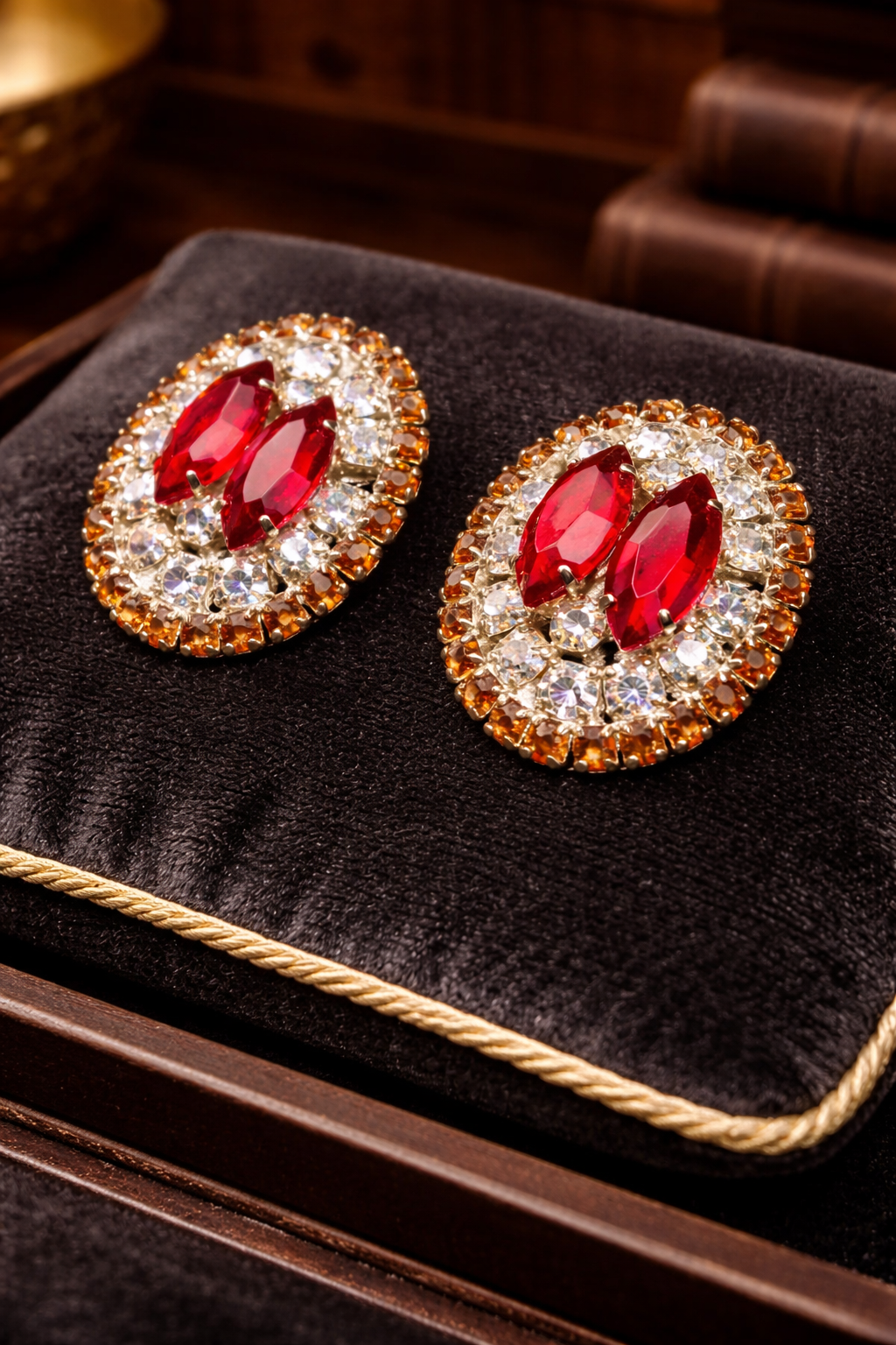 Gold Tone Red Marquise Crystal Cluster Clip Earrings Aurora Borealis Rhinestone Halo Vintage Statement Jewelry