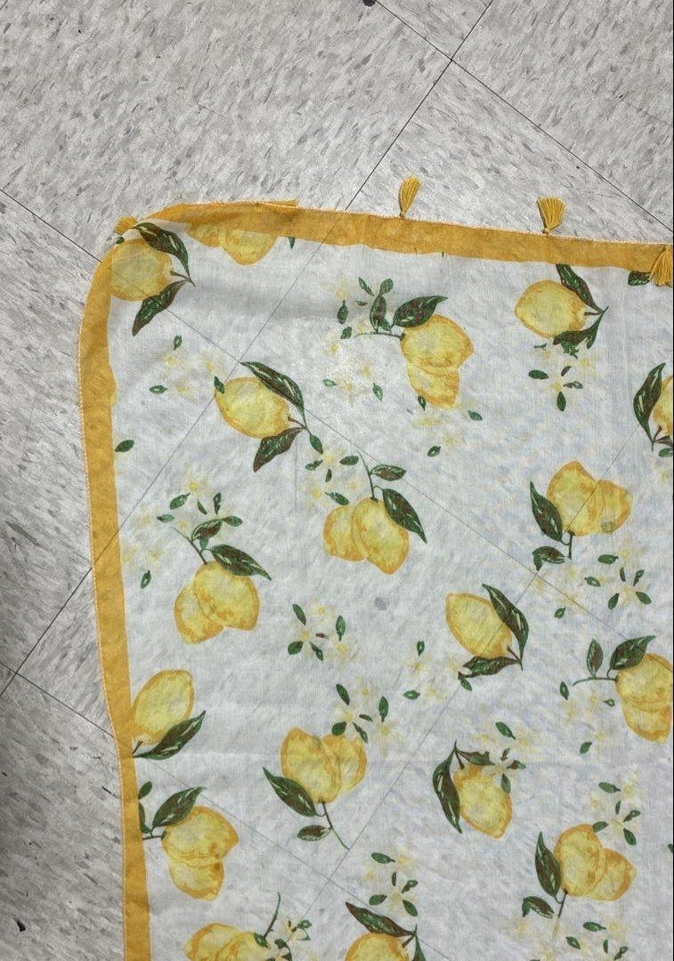 Vintage Lemon Print Scarf | Lightweight White Yellow Citrus Design Scarf