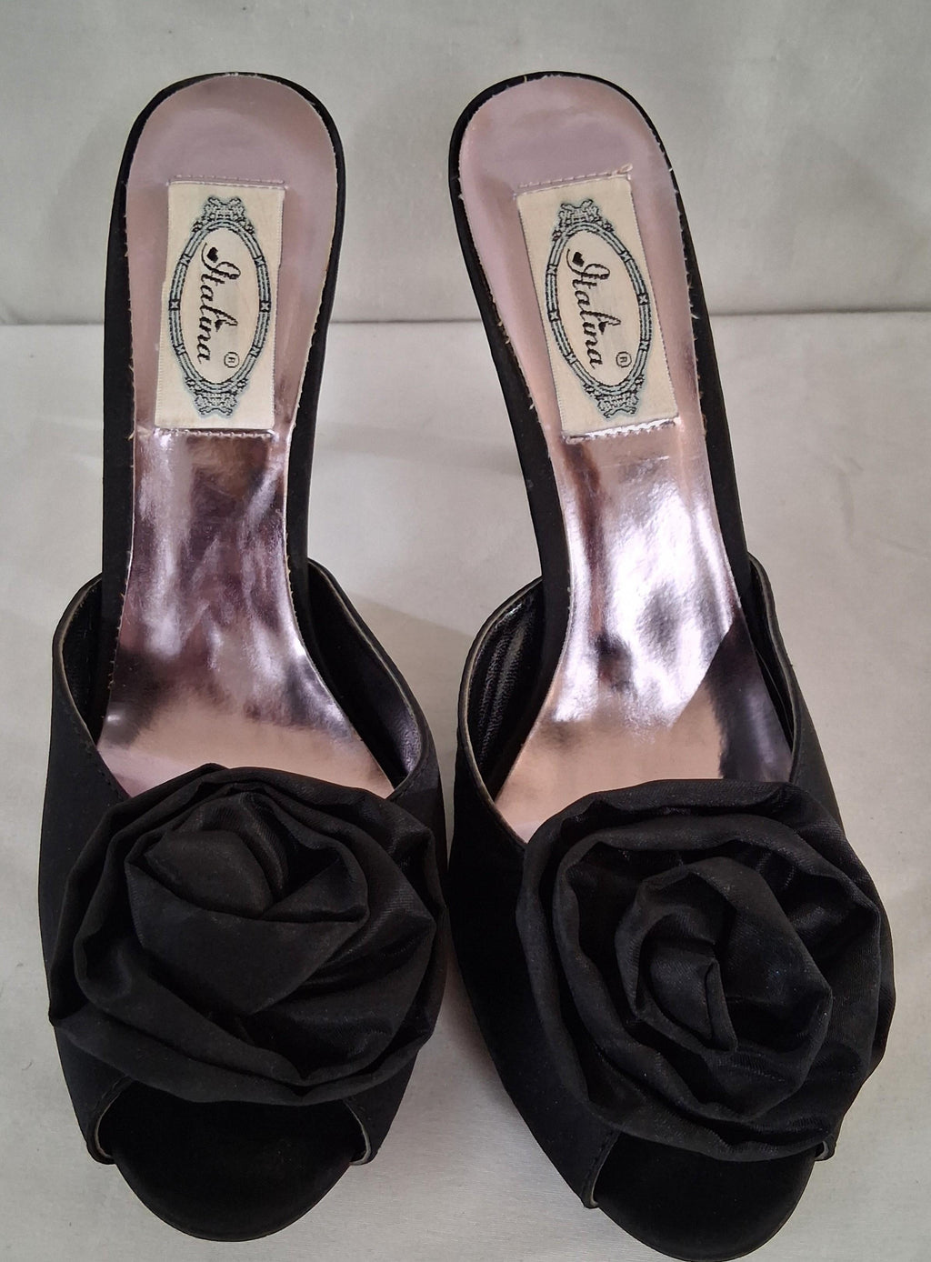Italina Black Satin Open-Toe High Heels with Floral Accent Size 8