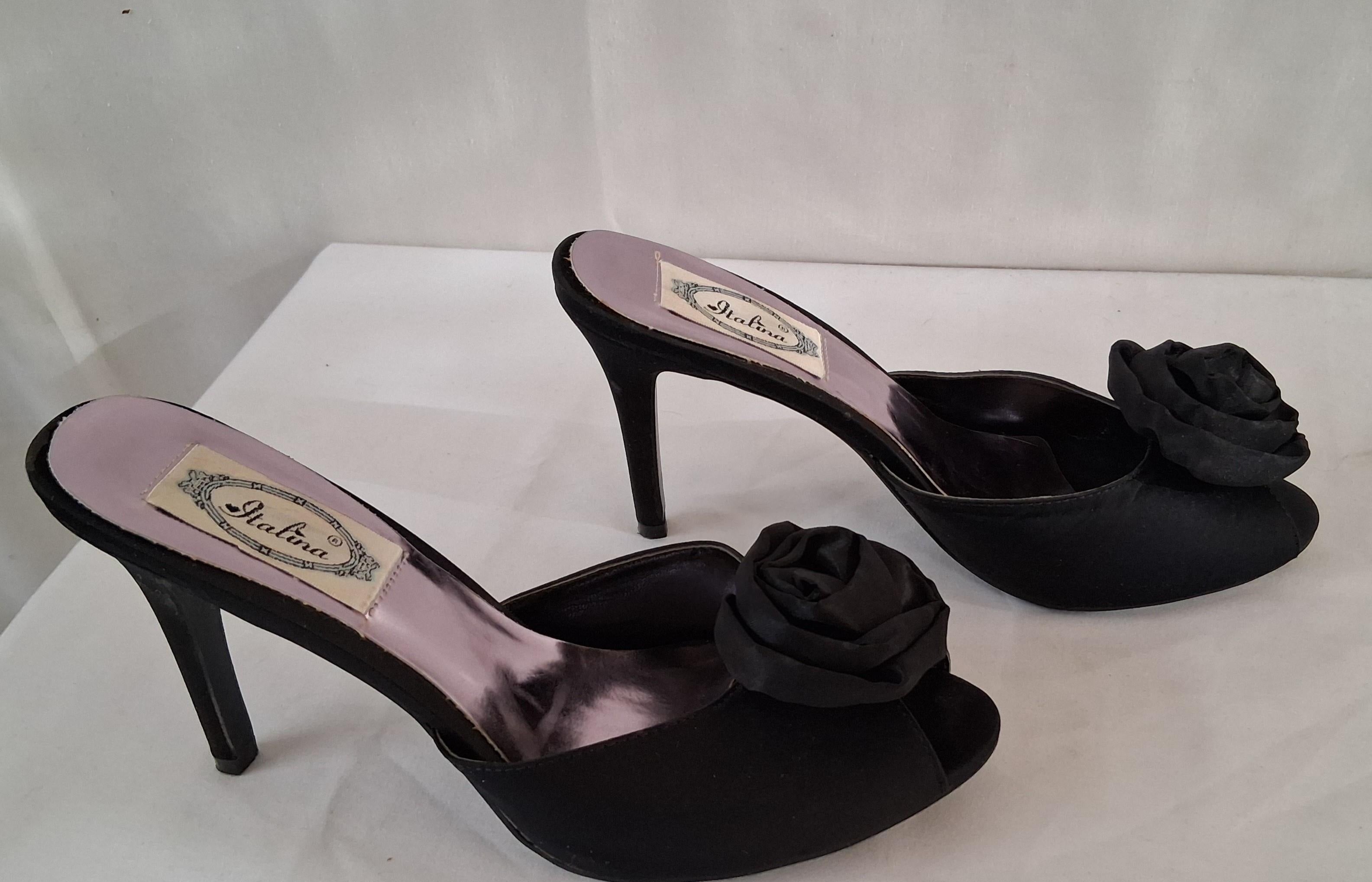 Italina Black Satin Open-Toe High Heels with Floral Accent Size 8