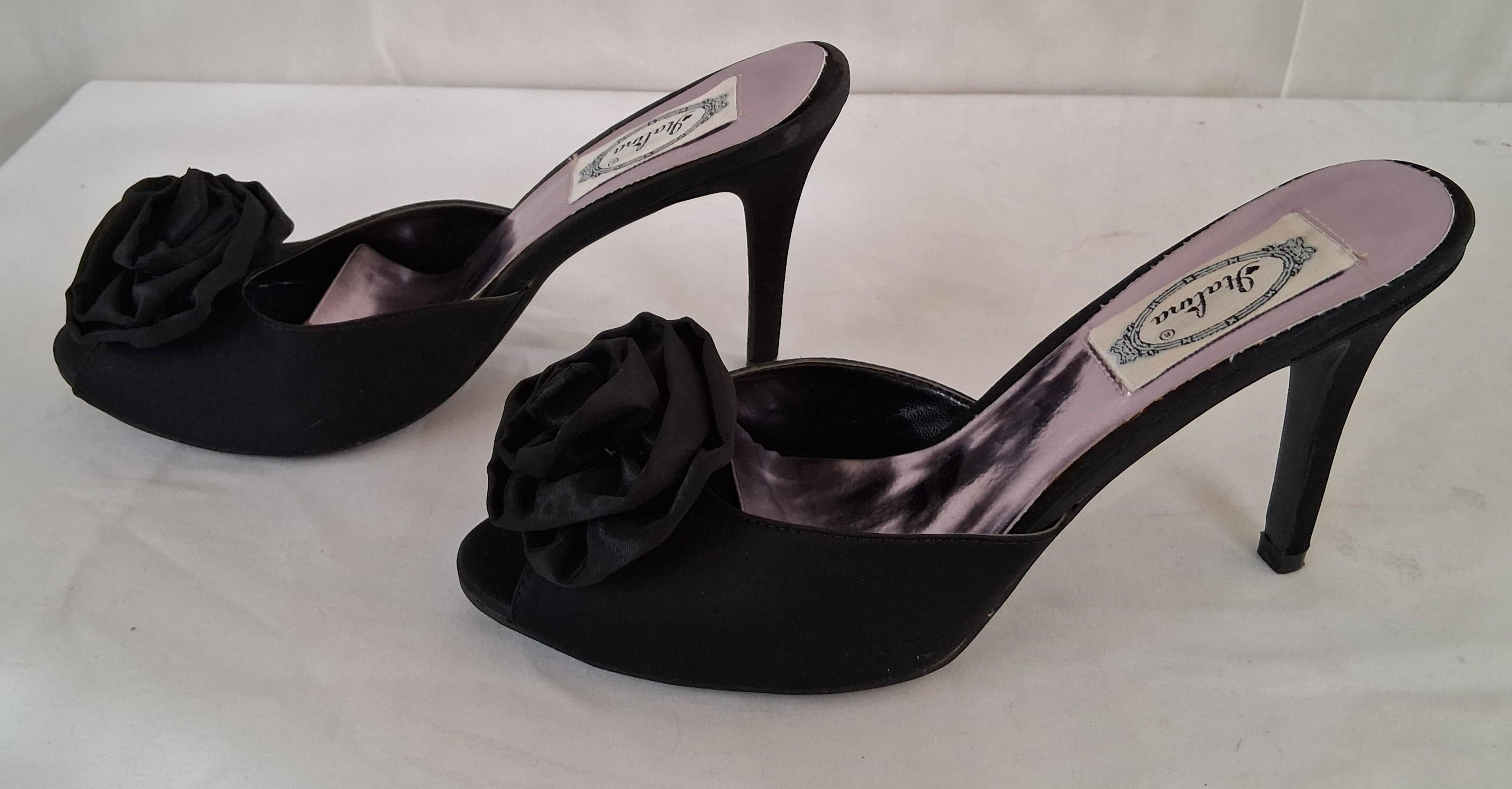 Italina Black Satin Open-Toe High Heels with Floral Accent Size 8