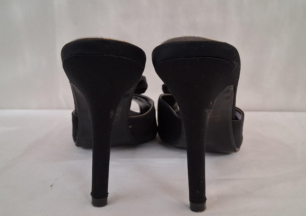 Italina Black Satin Open-Toe High Heels with Floral Accent Size 8