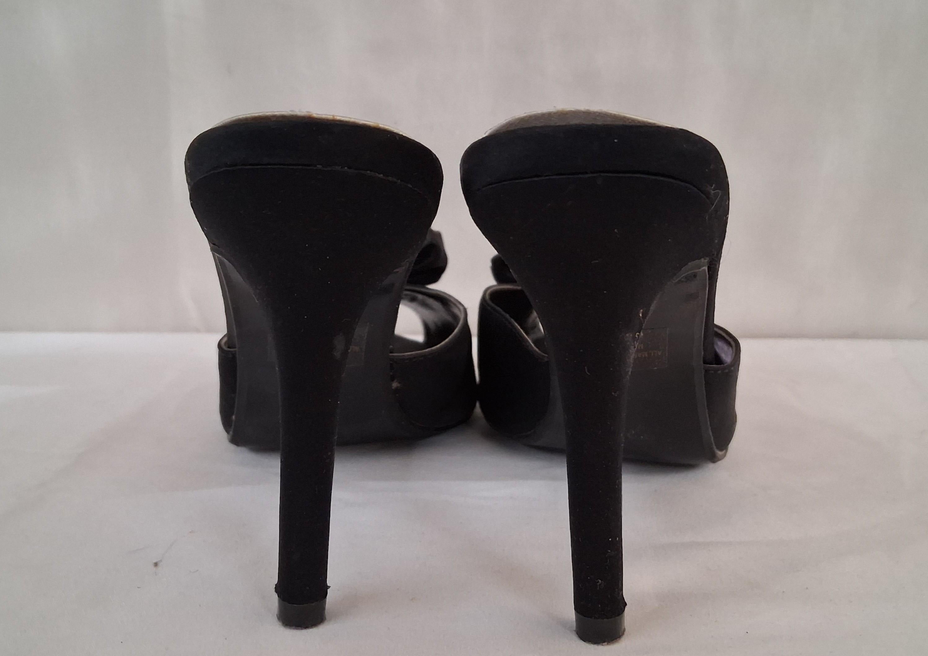 Italina Black Satin Open-Toe High Heels with Floral Accent Size 8