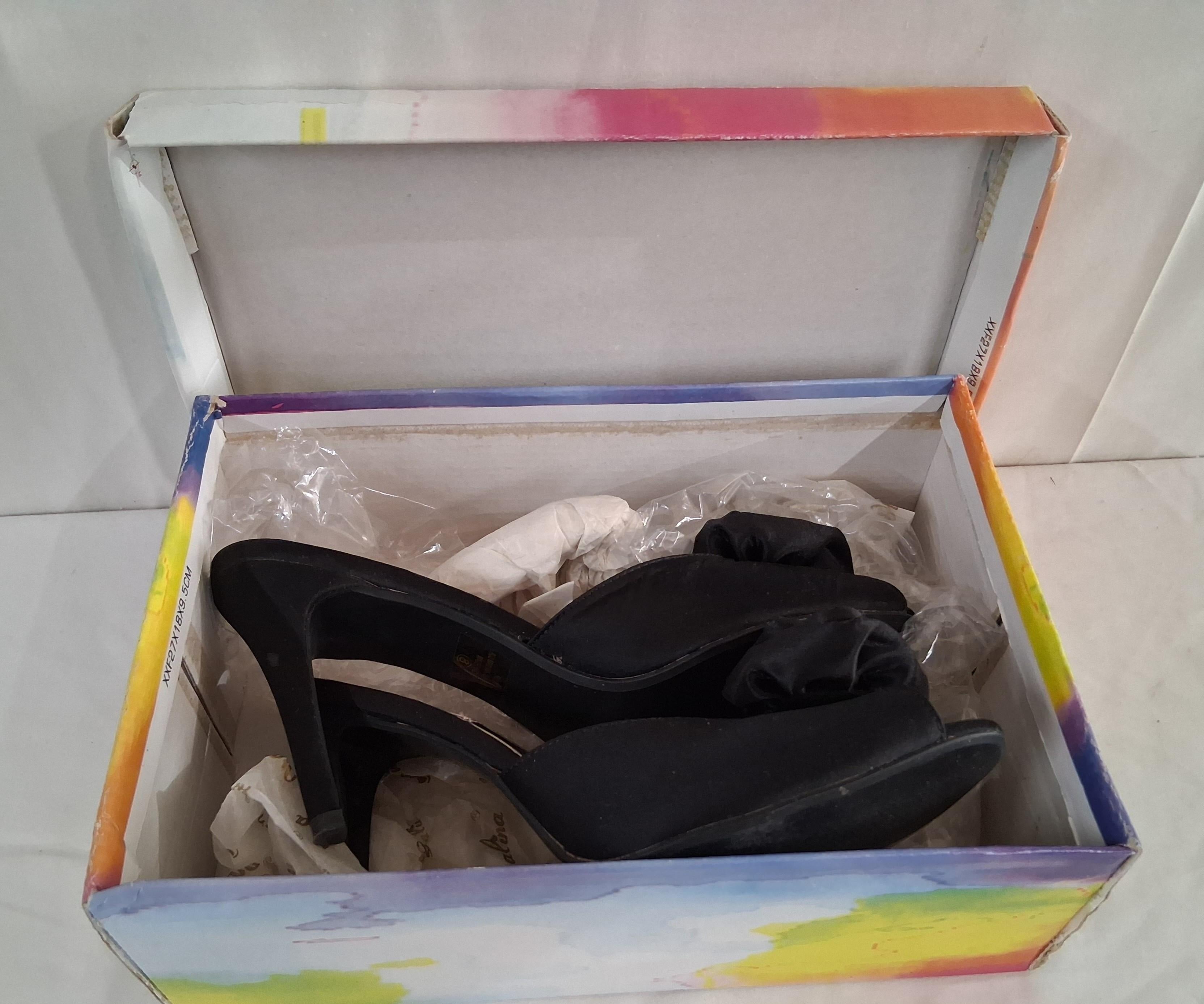 Italina Black Satin Open-Toe High Heels with Floral Accent Size 8