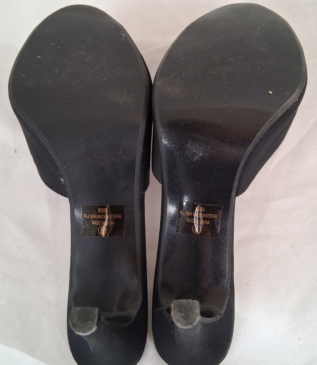 Italina Black Satin Open-Toe High Heels with Floral Accent Size 8