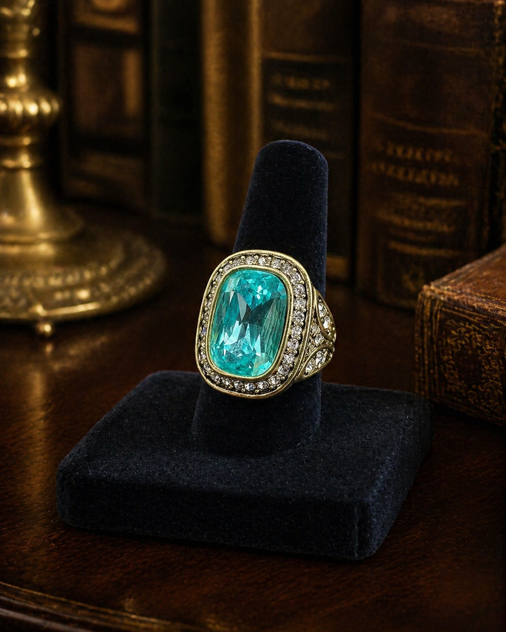 Heidi Daus Aqua Crystal Cocktail Ring Gold Tone Statement Ring Halo Designer Jewelry