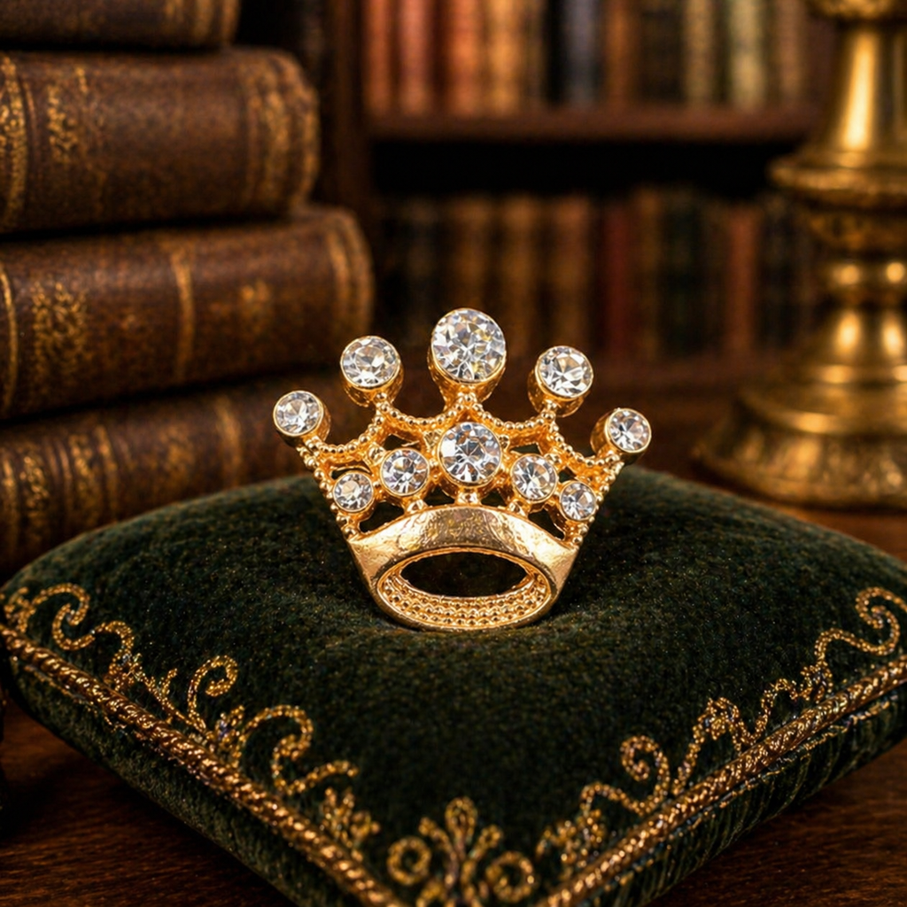 Gold Tone Clear Crystal Crown Brooch