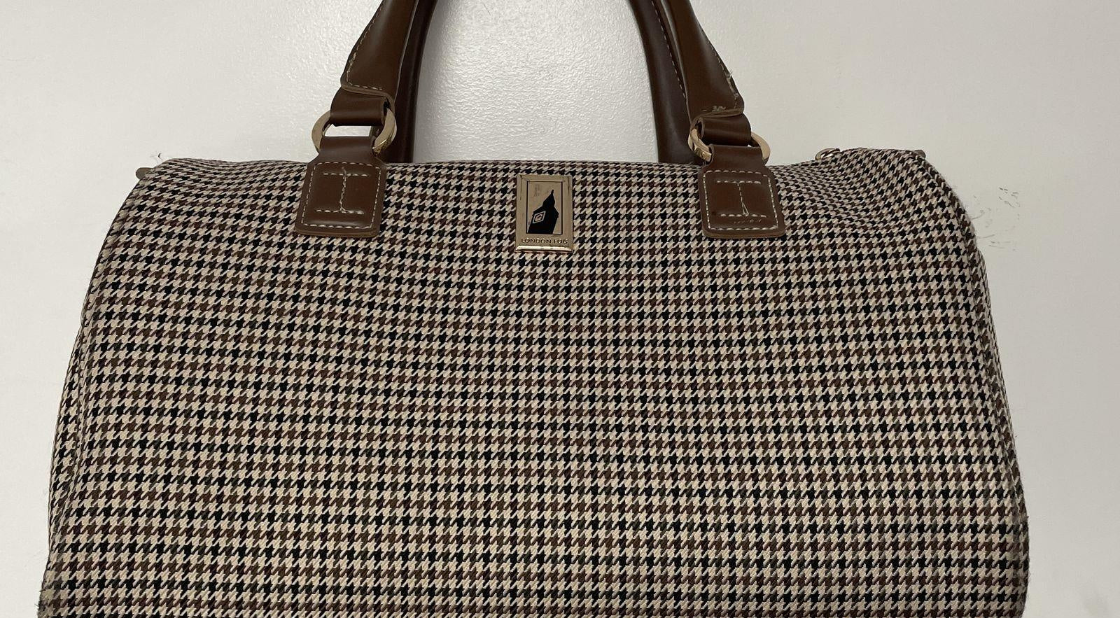London Fog Houndstooth Barrel Satchel Bag | Brown Trim Shoulder Duffel Handbag