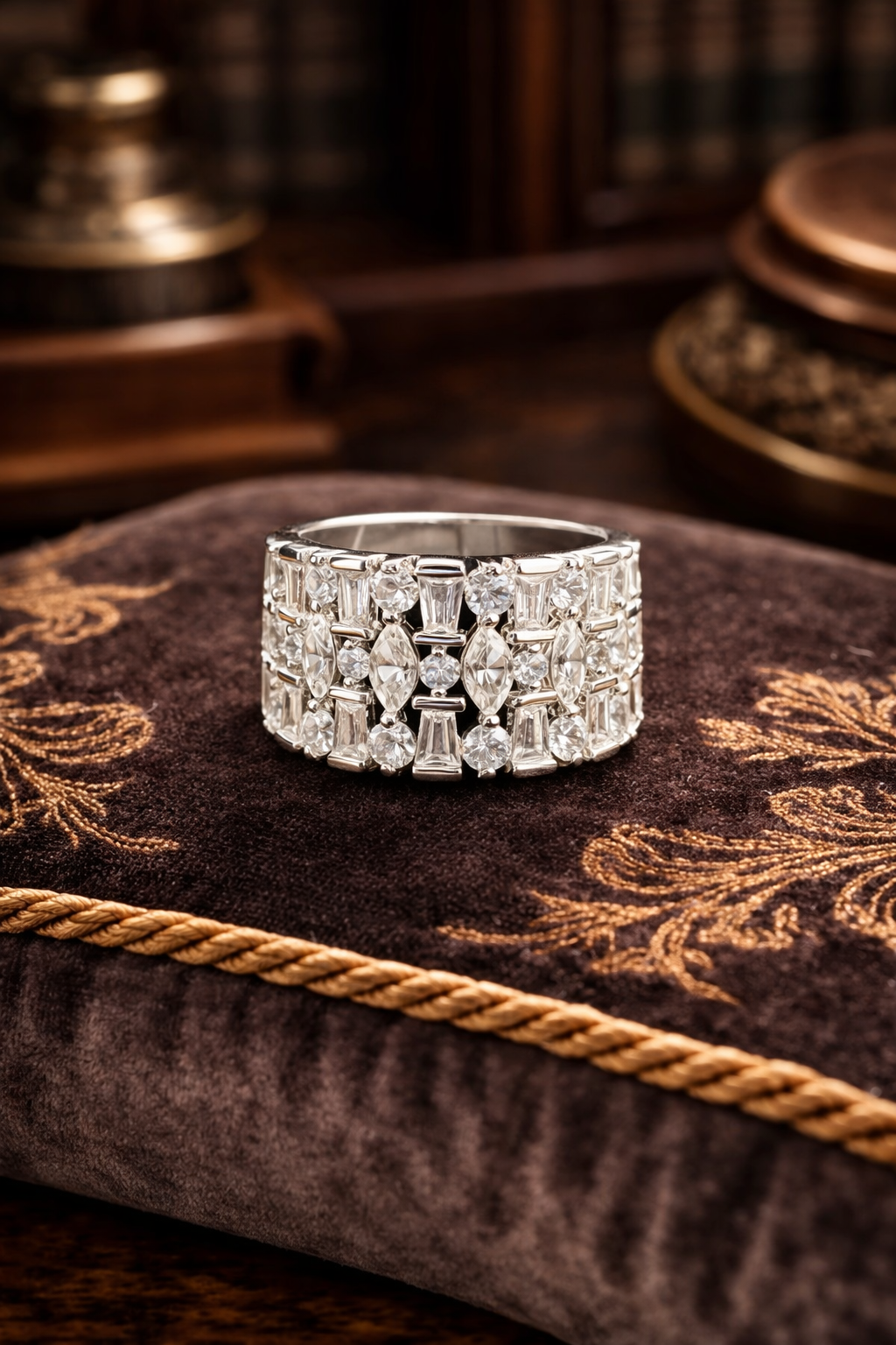 Silver Tone Clear Crystal Wide Band Ring Statement Multi Row Cocktail Design