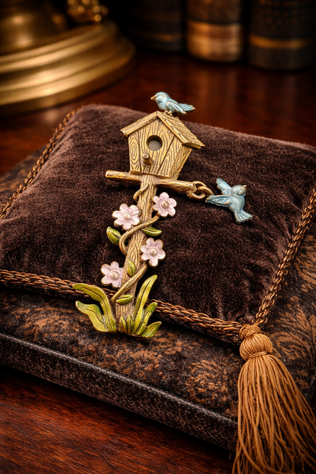 JJ Enamel Birdhouse Brooch Blue Bird Floral Garden Pin Vintage Jonette Jewelry Nature Statement