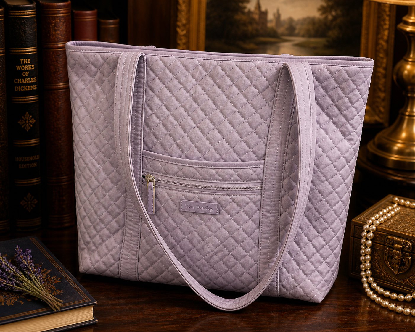 Vera Bradley Pale Lavender Quilted Tote Bag with Ladybug Print Interior