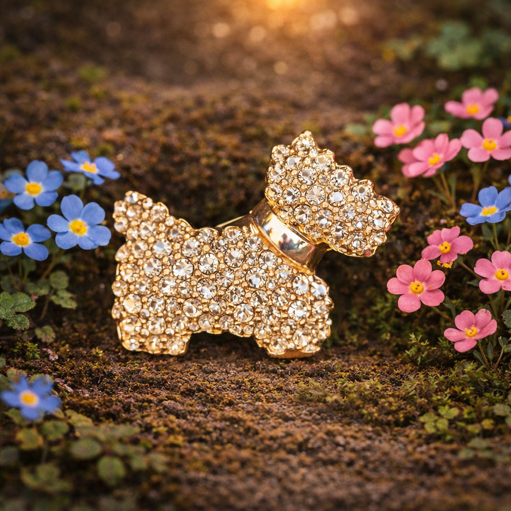 Gold Tone Rhinestone Scottie Dog Brooch Small Terrier Pin