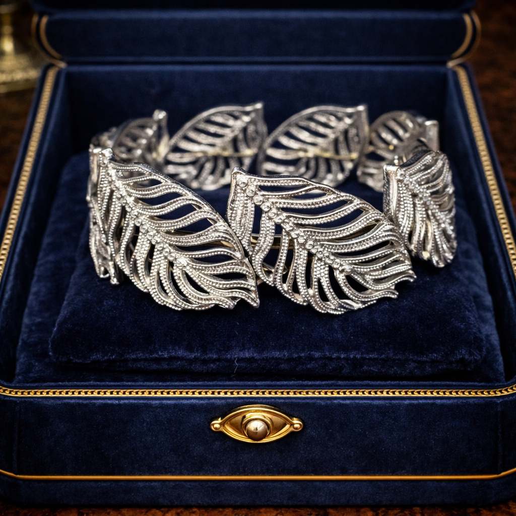Vintage Style Silver Tone Leaf Stretch Bracelet with Openwork Filigree Leaves, Botanical Statement Design, Curated Estate Inspired Glam