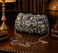 Mary Frances Beaded Floral Clutch with Chain Strap | Blue Gold Embellished Evening Handbag