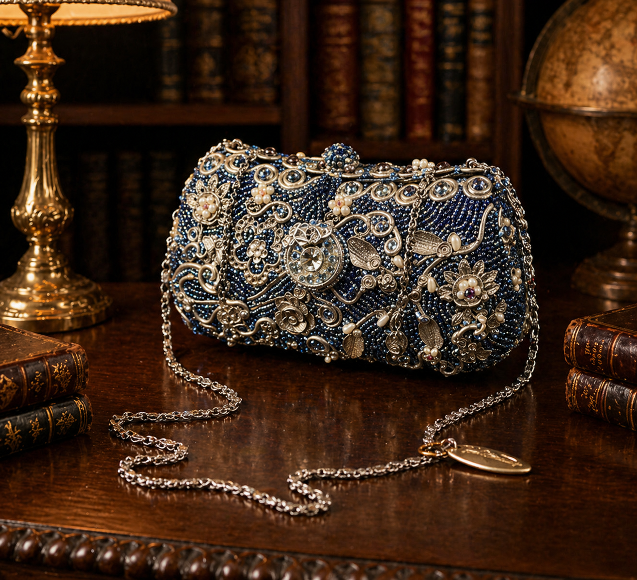 Mary Frances Beaded Floral Clutch with Chain Strap | Blue Gold Embellished Evening Handbag