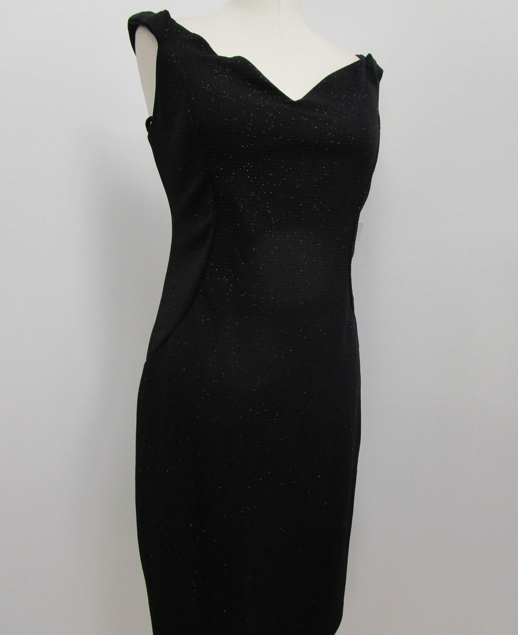 NWT Marina Black Glitter Off Shoulder Scallop Neckline Cocktail Dress Women 12